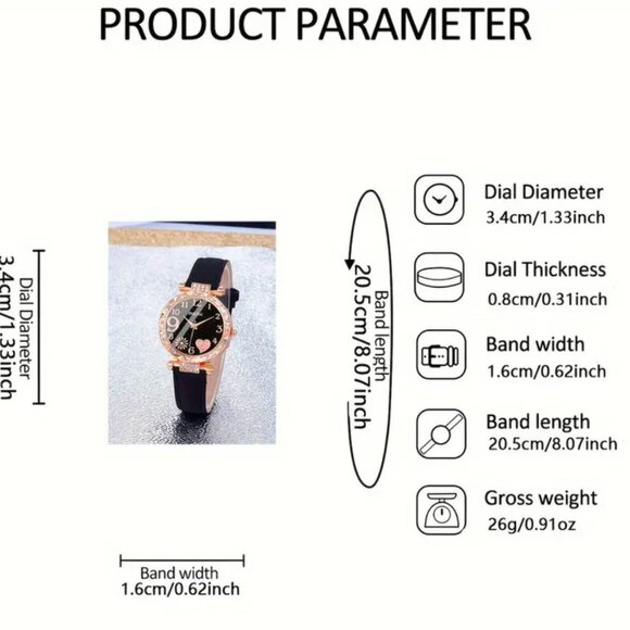 Brand New 2pc Black & Rose Gold Sparkling Watch & Black Heart Bracelet Set - Picture 5 of 5